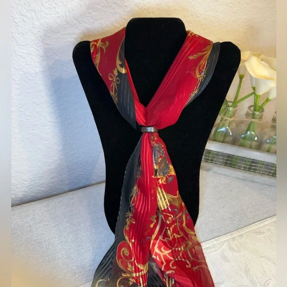 Red, black, and gold silk scarf with floral, filagree and vase motif. 53” x 10” - Picture 1 of 7